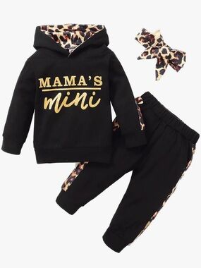 Mama's Mini Black Hoodie Set with Leopard Trim 2T/3T